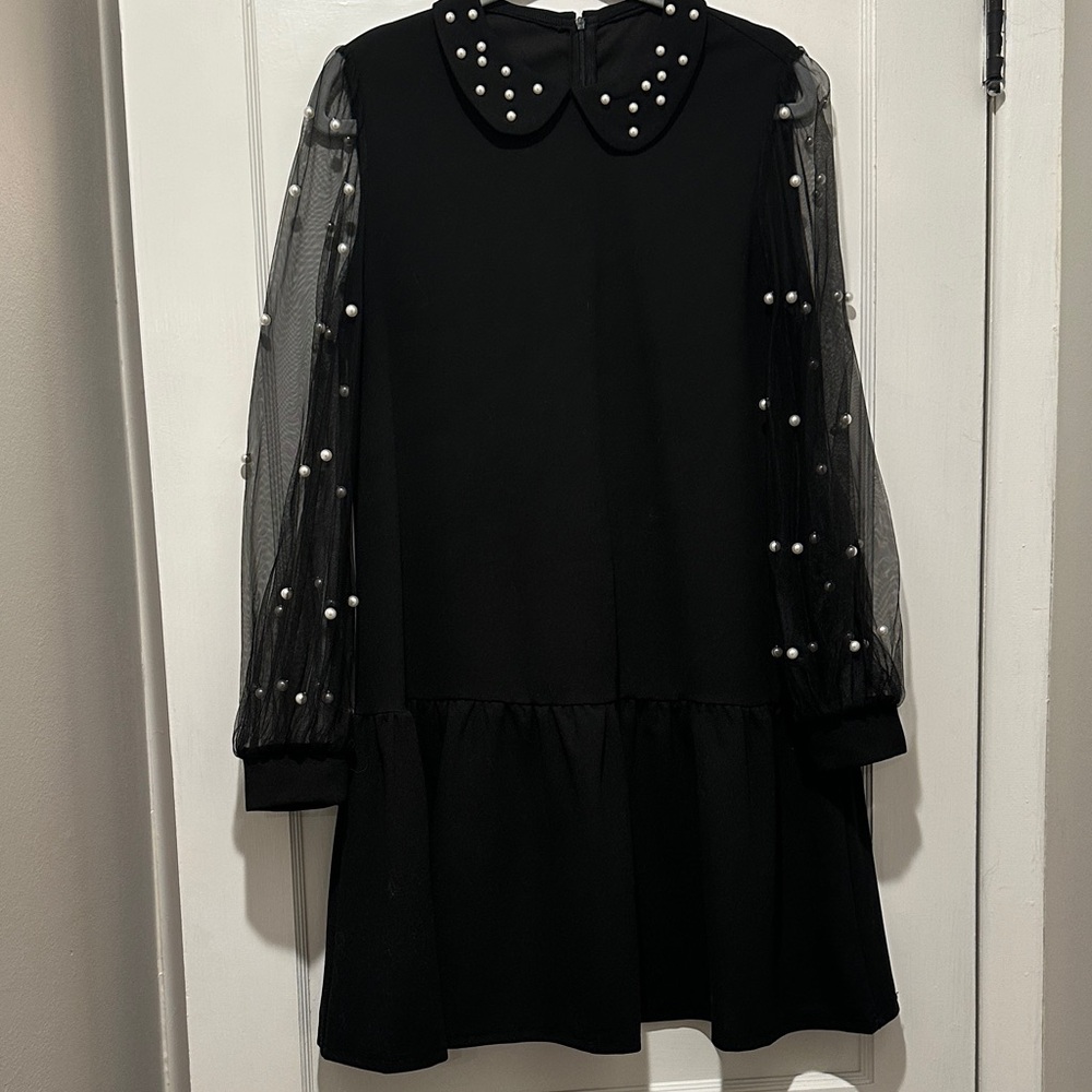 Black Mini Dress with Pearl-Embellished Sheer Sleeves